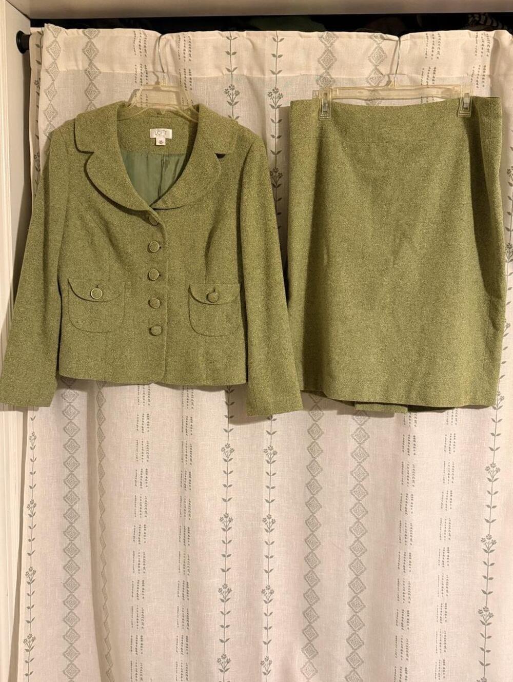 Vtg Y2K Ann Taylor LOFT Green Tweed Skirt Suit Set, Gorpcore, Fall Workwear